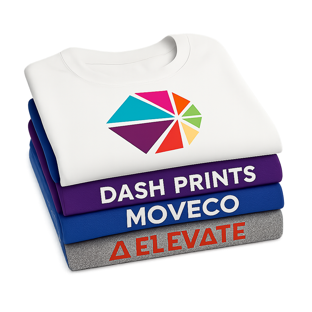 Dash Prints branded stack of folded custom printed shirts